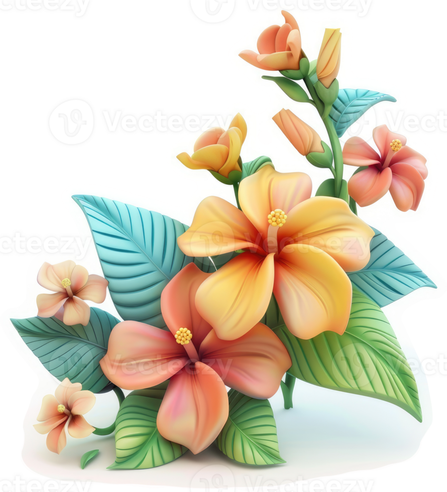 Vibrant tropical hibiscus blossoms and foliage arrangement. png