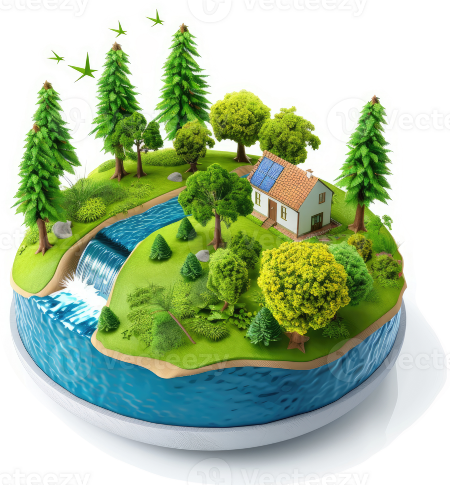 Miniature island ecosystem featuring a home, trees, and a river. png
