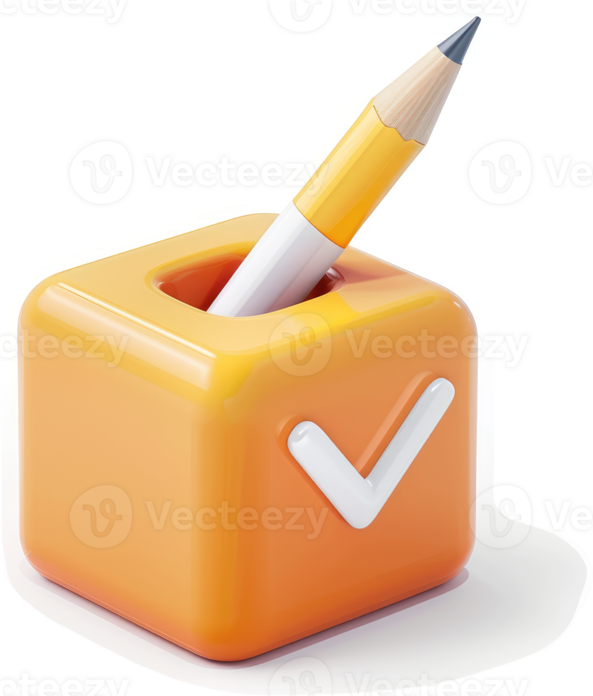 Orange cube with checkmark and pencil, representing task completion. png