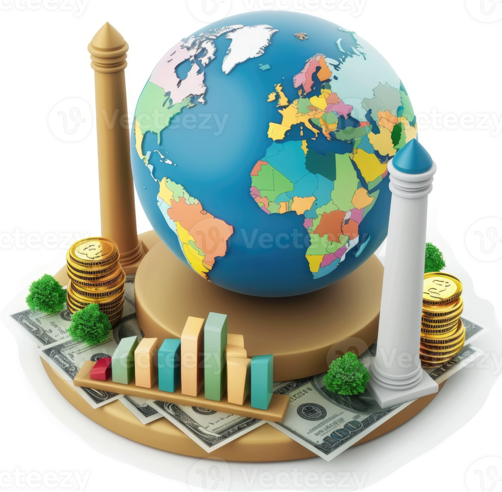 Global economic interconnectedness illustrated by a world map, money, and graphs. png