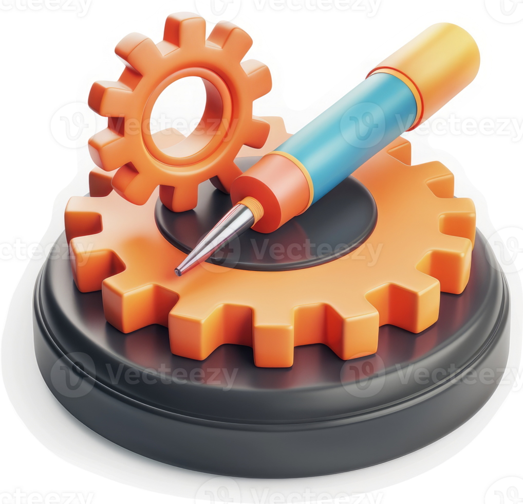 Orange gears and a blue-and-yellow pen symbolize productivity and organization. png