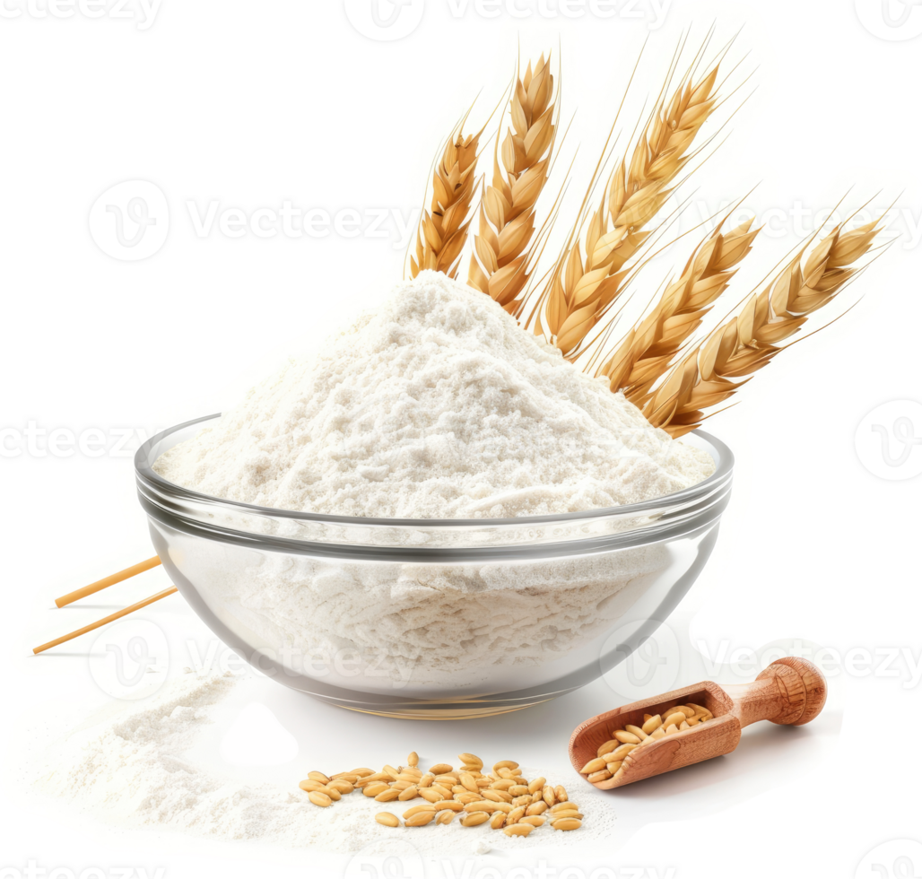 Wheat flour in a glass bowl, accompanied by wheat sprigs and seeds. png