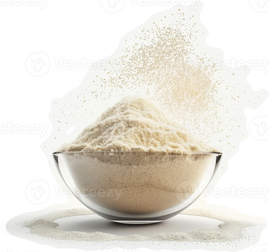 Light beige powder in a glass bowl, exploding in a gentle cloud. png