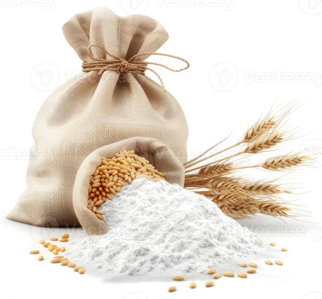 A burlap sack of flour, overflowing with grains and wheat stalks. png