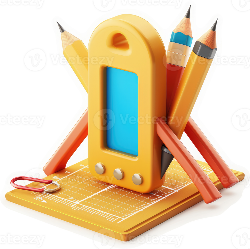 A bright, colorful graphic design of stationery and a digital device. png