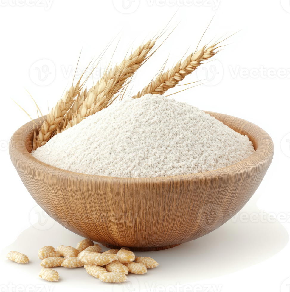 Wooden bowl filled with wheat flour and wheat stalks. png