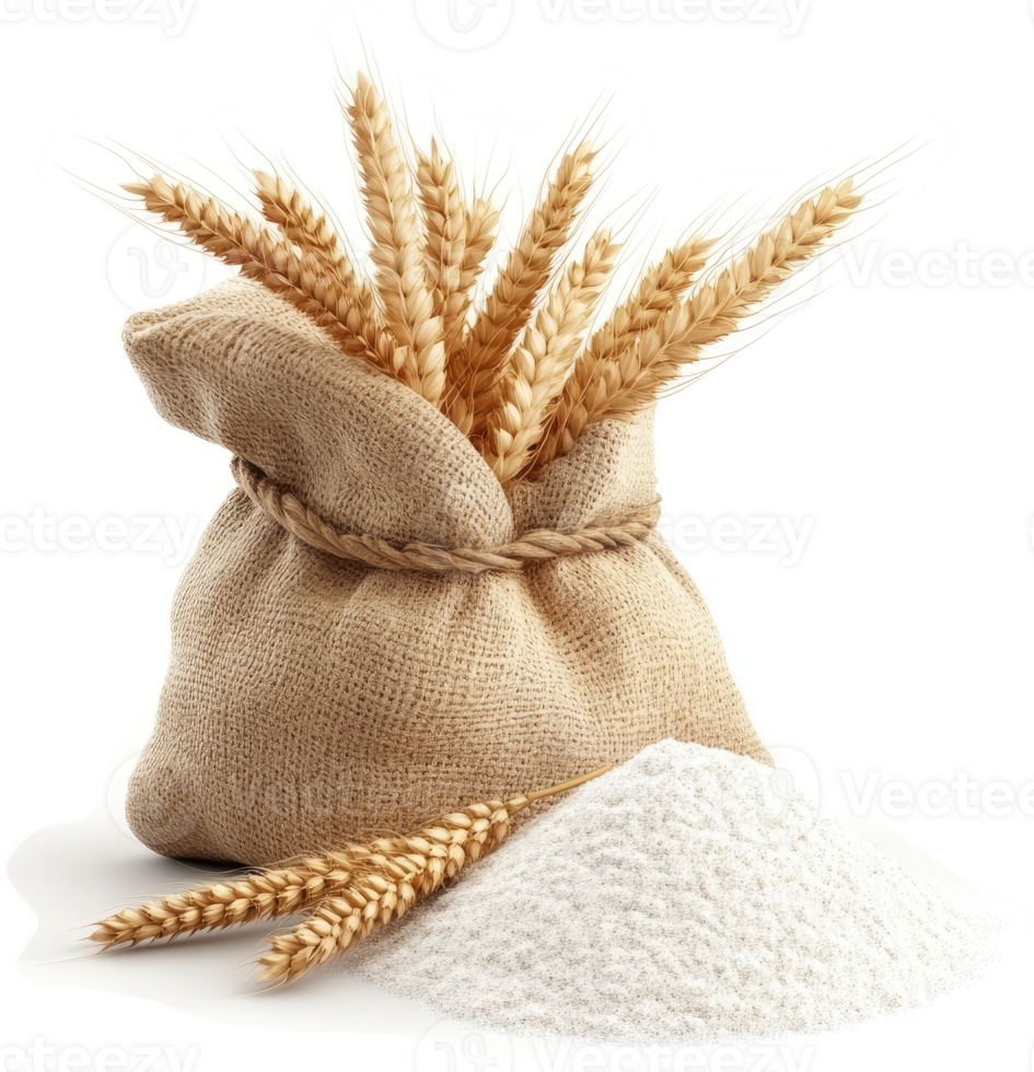 Wheat stalks and flour in a burlap sack. png