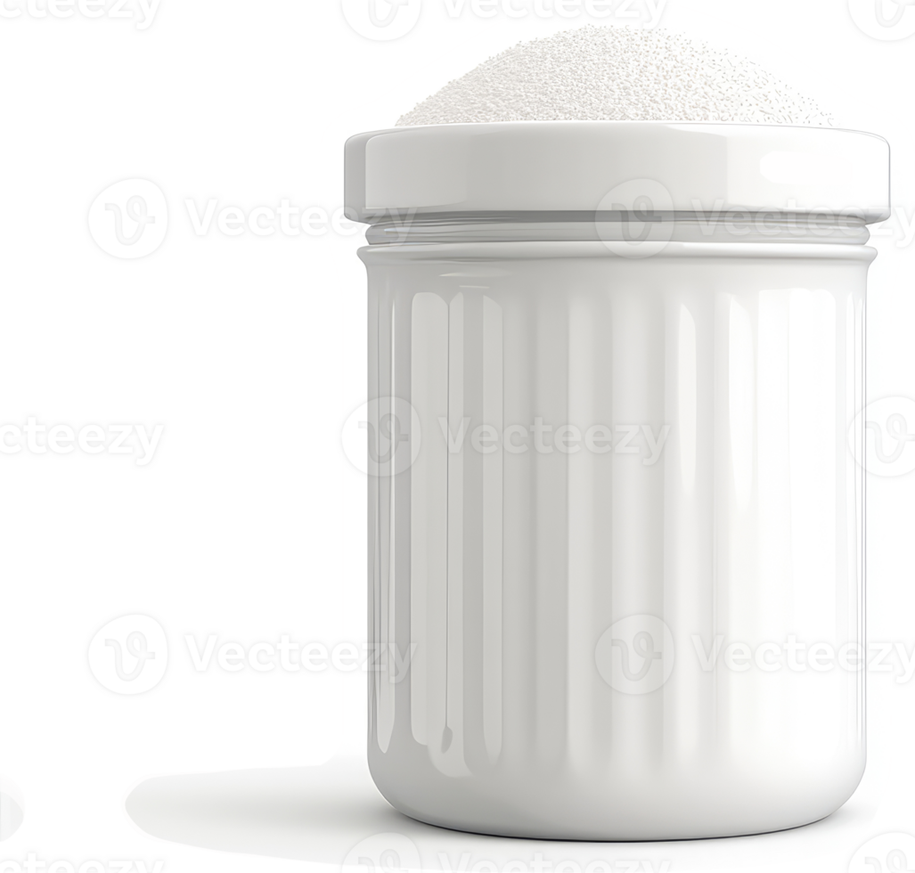 White ceramic canister with a lid filled with granulated sugar. png