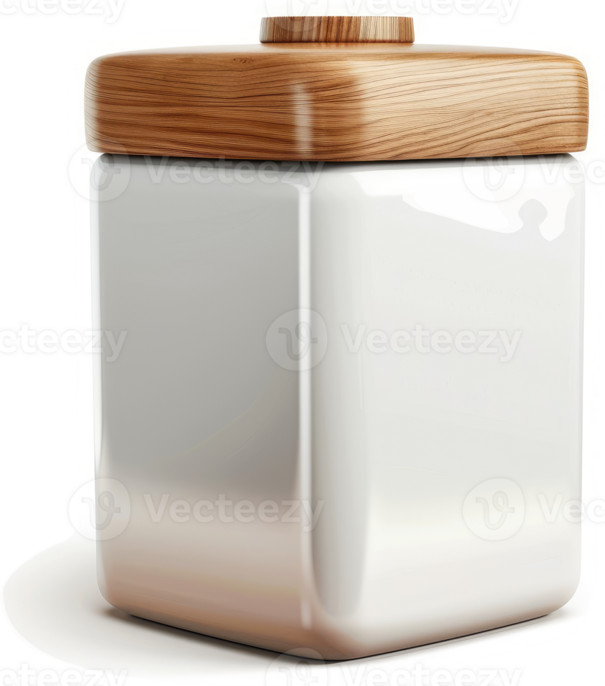 Square white ceramic canister with a wooden lid. png