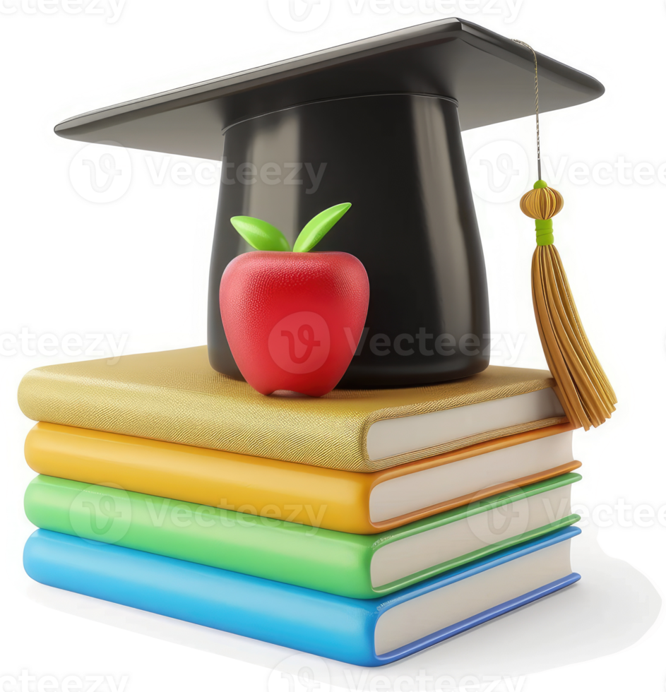 Graduation cap atop colorful books with a red apple. png