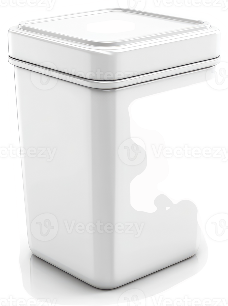 Empty white square metal tin canister with lid. png