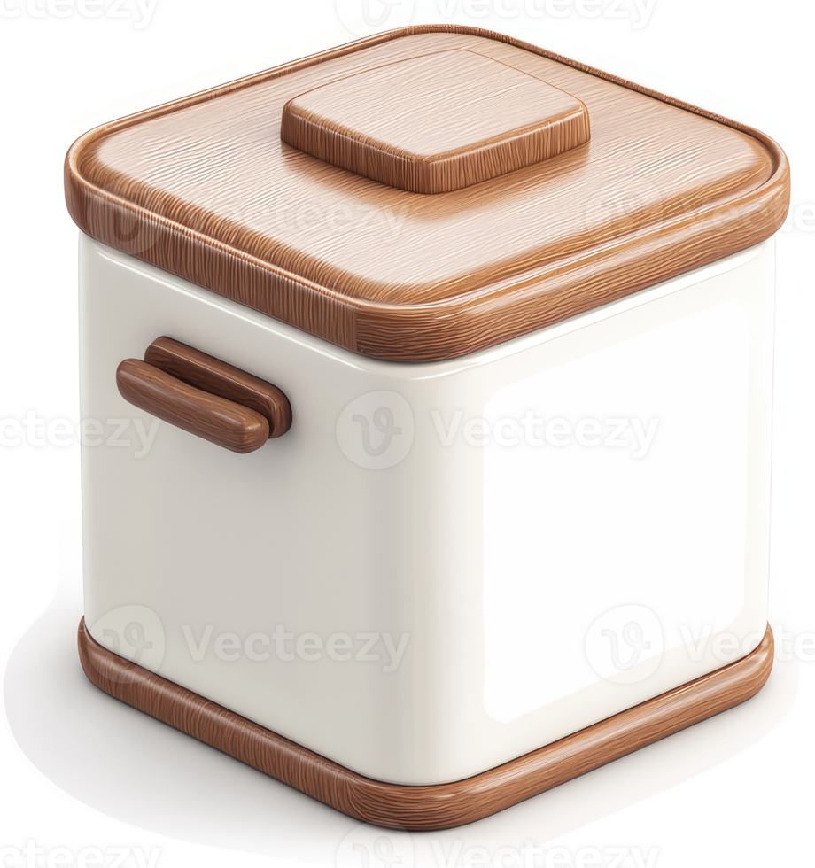 Square wooden-trimmed storage container with a lid. png