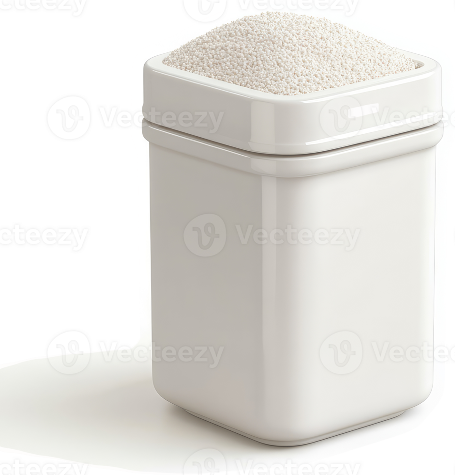 White granular substance in a square, lidded container. png