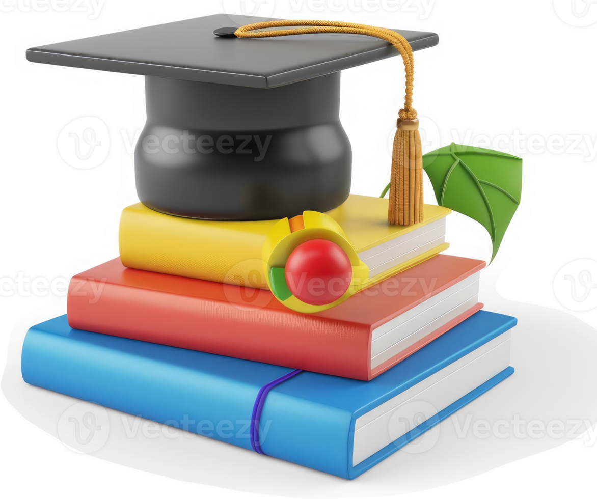 Graduation cap atop colorful books symbolizes academic achievement. png