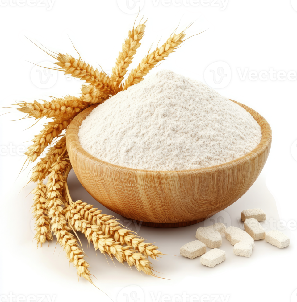 Wheat flour in a wooden bowl, accompanied by wheat stalks and nutritional supplements. png