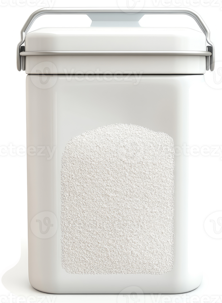White storage container filled with granular substance. png