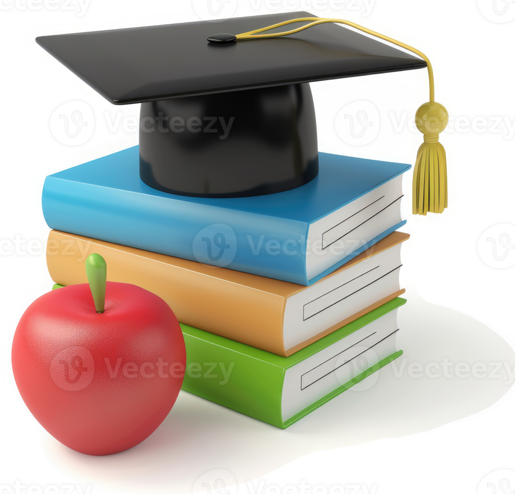 Graduation cap atop stacked books and an apple. png