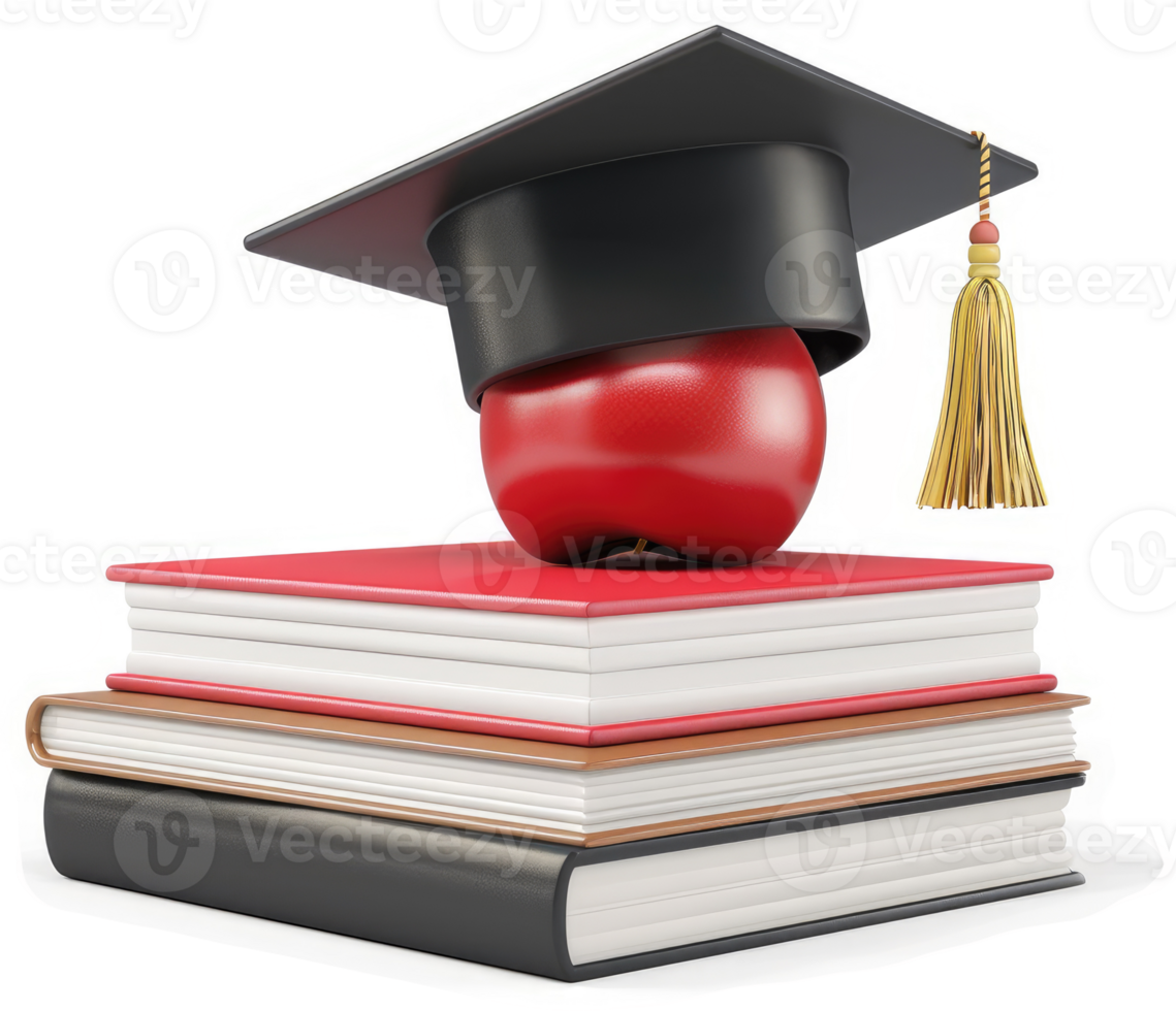 Knowledge, learning, and academic success represented by a graduation cap, apple, and books. png
