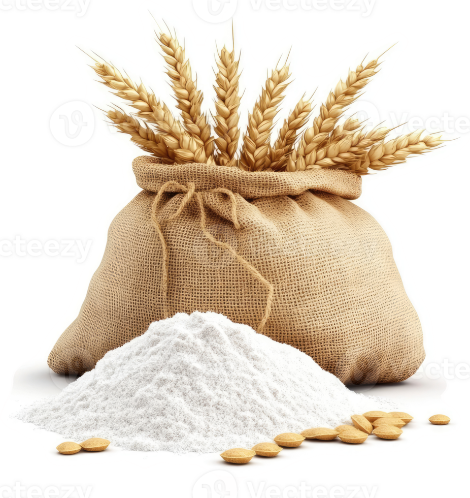 Wheat flour in a burlap sack, ready for use. png