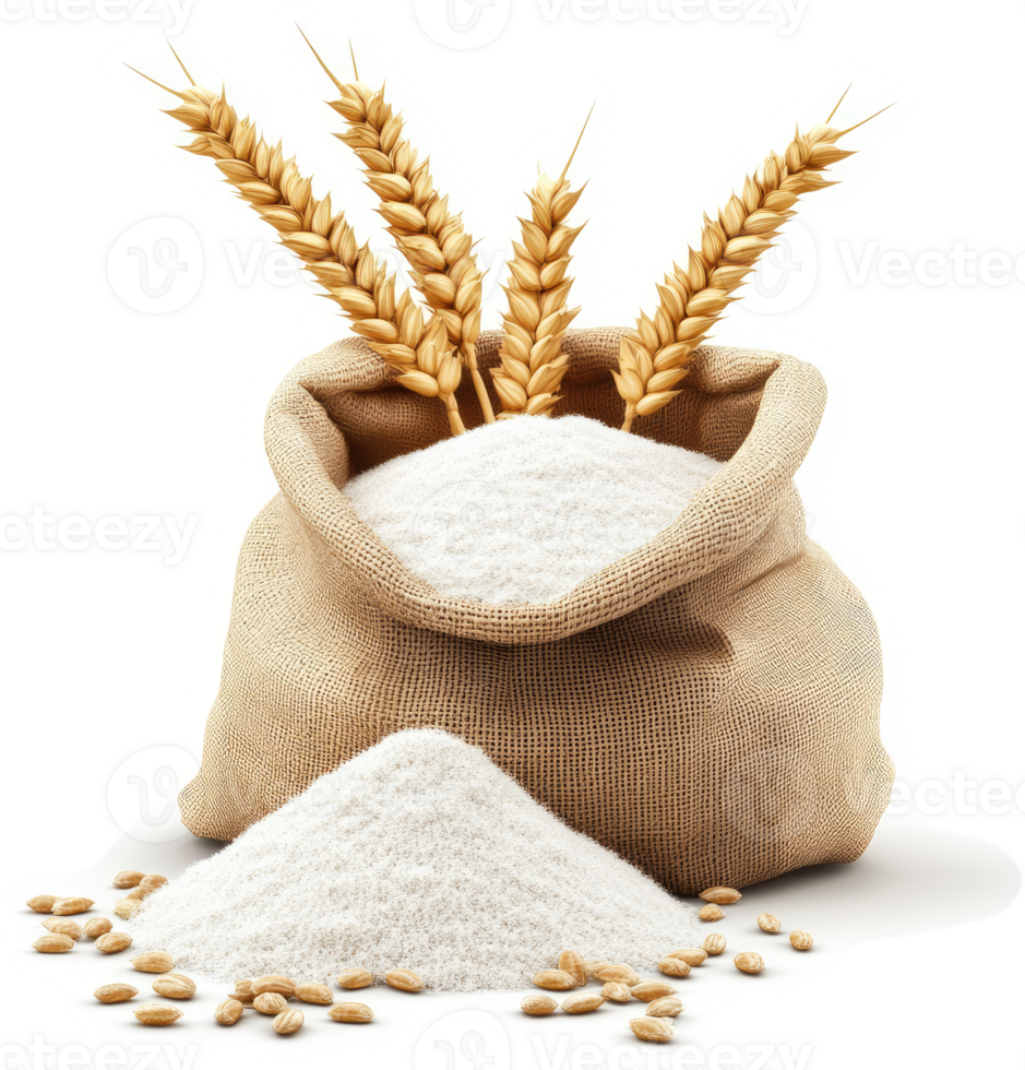 Wheat flour in a burlap sack with wheat stalks. png