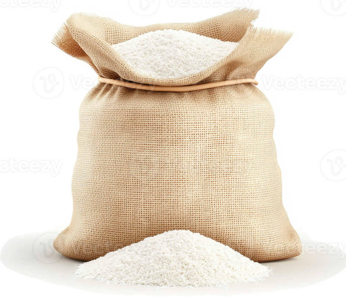 Burlap sack filled with a substantial quantity of flour. png