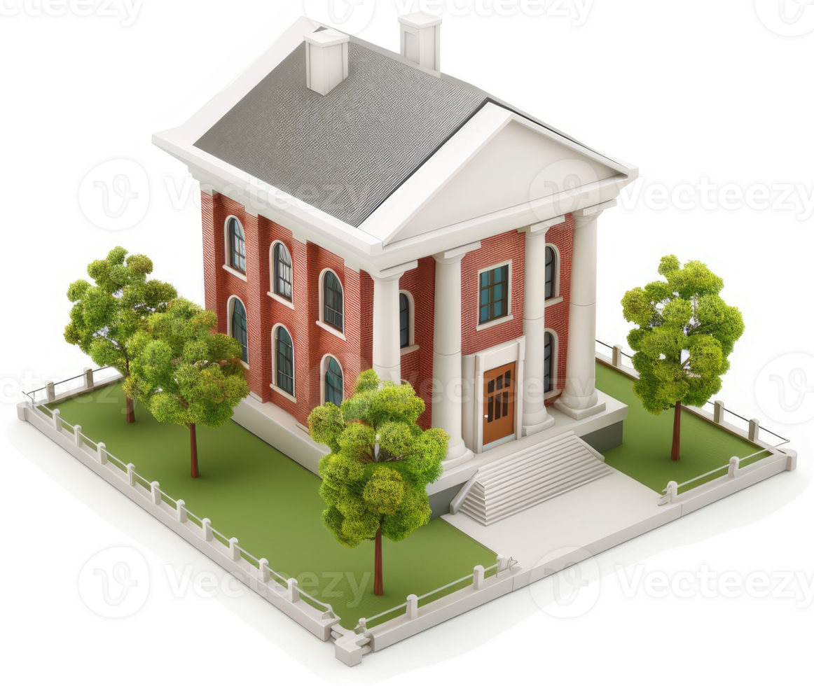Classic red brick courthouse building with landscaping. png