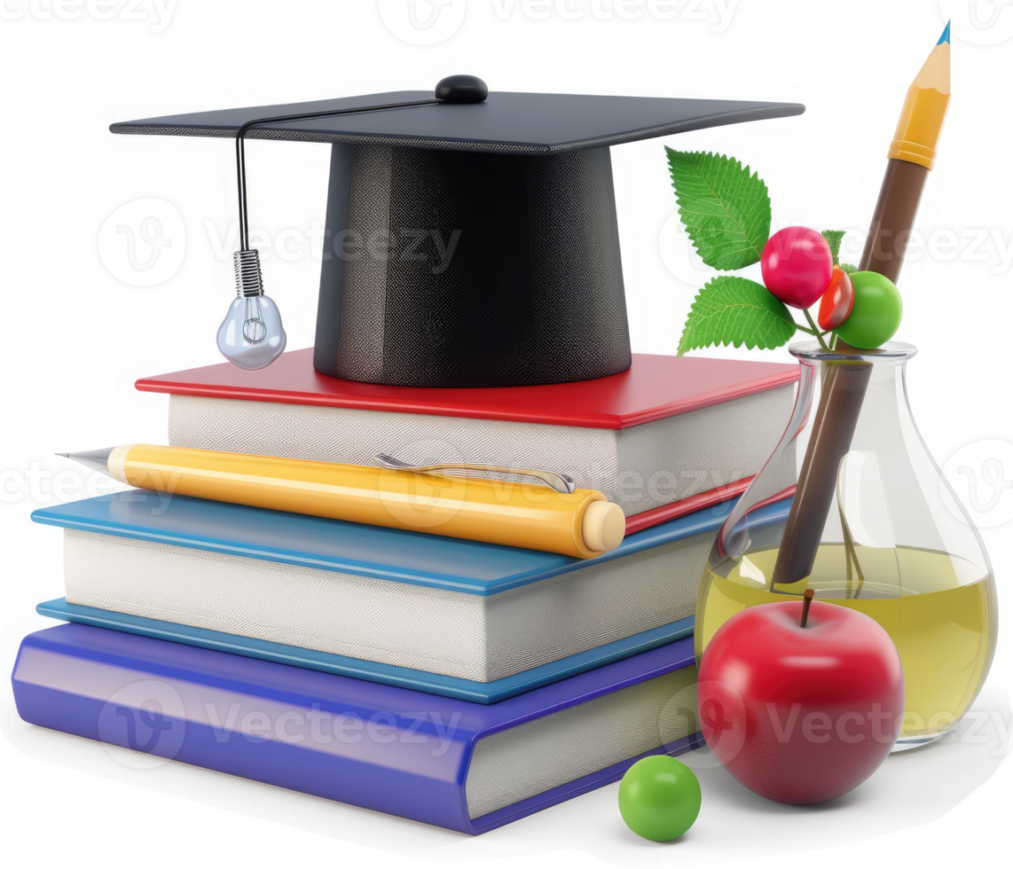 Stacked books, graduation cap, and school supplies represent academic achievement. png