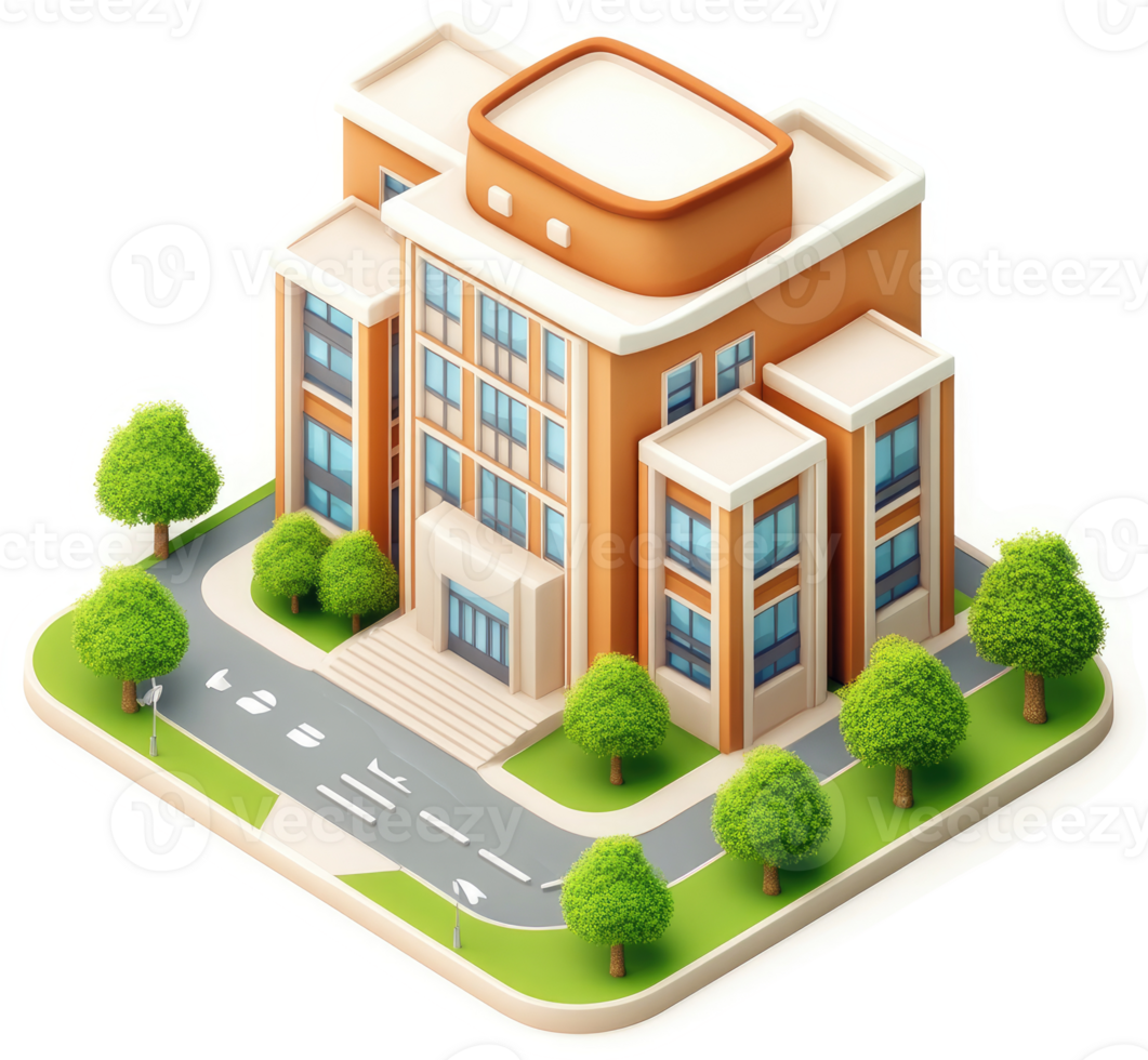 Multi-story school building with surrounding landscaping. png