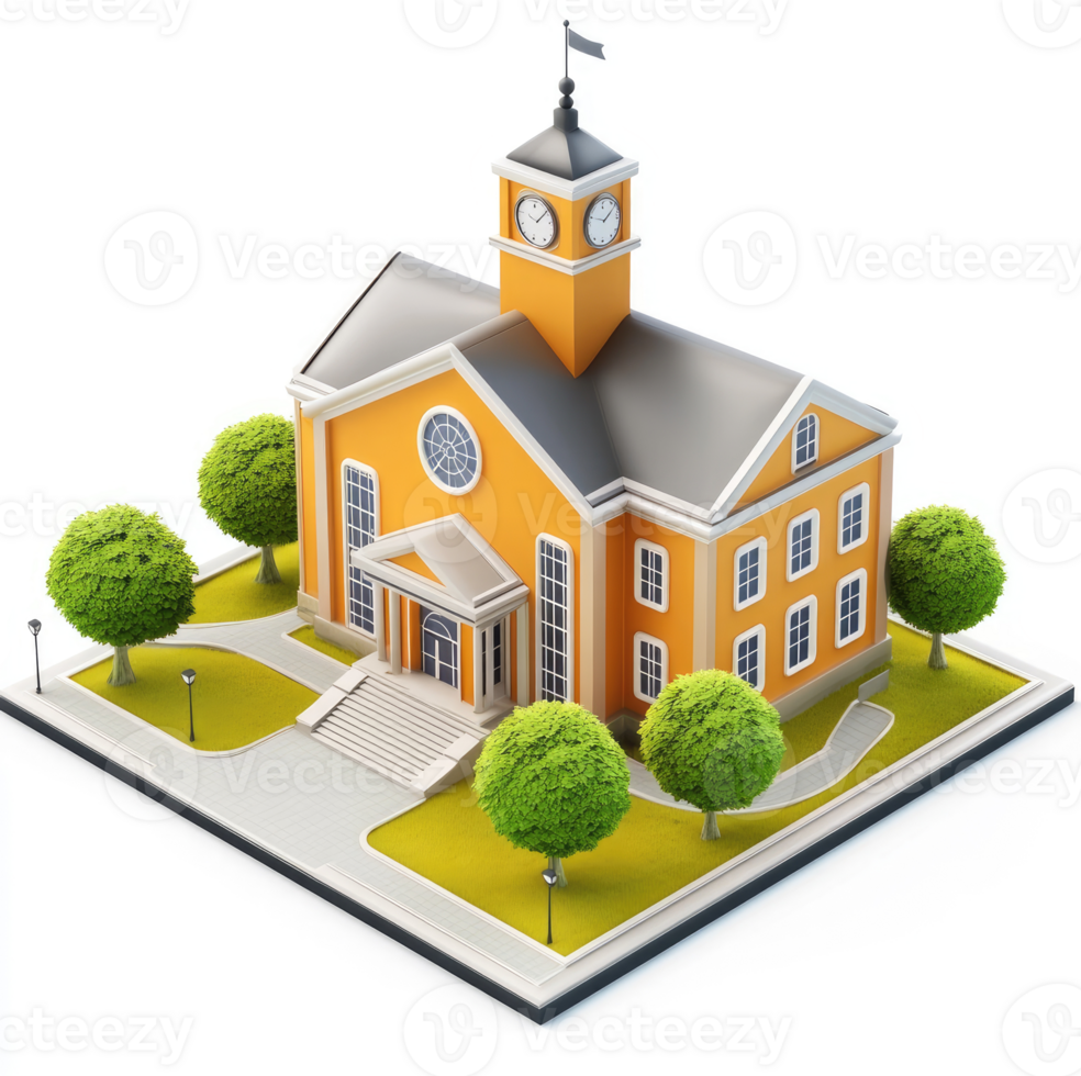 Vibrant, isometric depiction of a classic school building. png