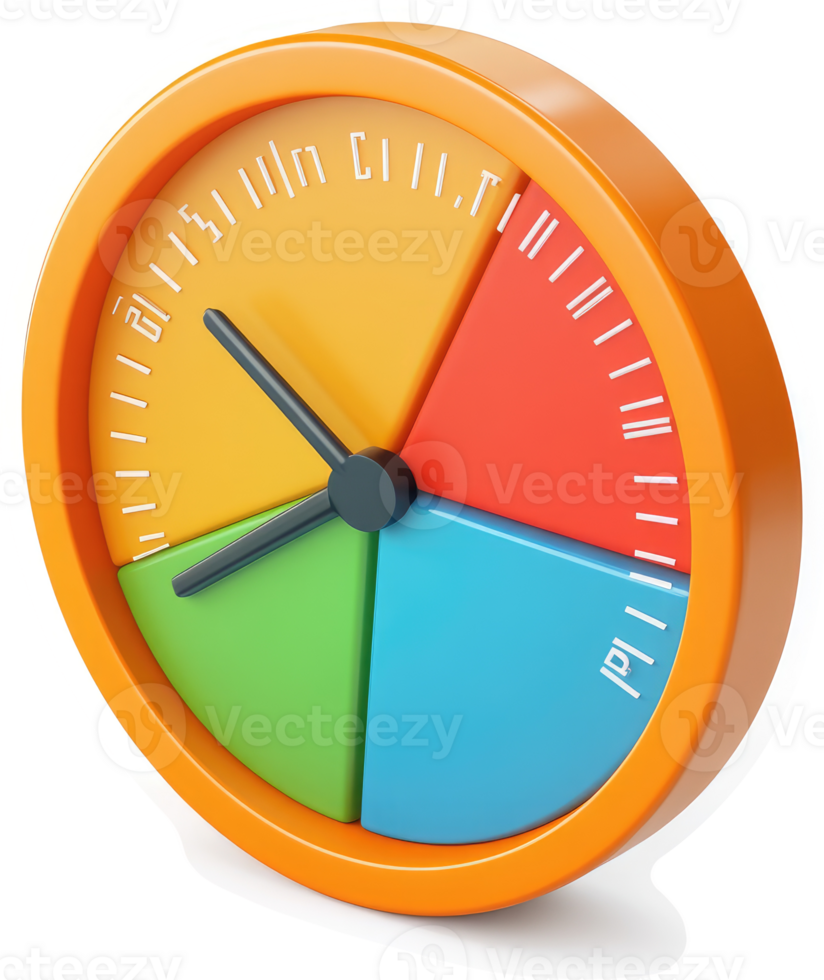 Colorful clock with a segmented face displays various time segments. png