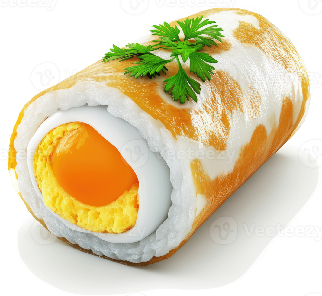 A savory, egg-filled sushi roll garnished with fresh herbs. png