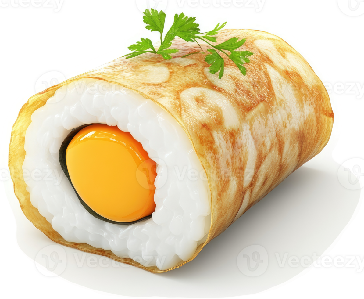 Fried egg crepe-wrapped sushi roll with a savory filling. png