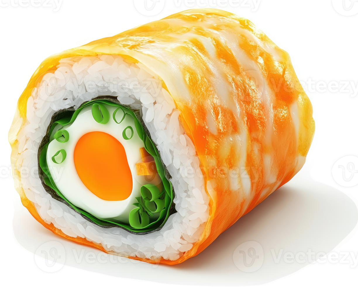 A vibrant orange-glazed sushi roll, featuring an egg and vegetable filling. png