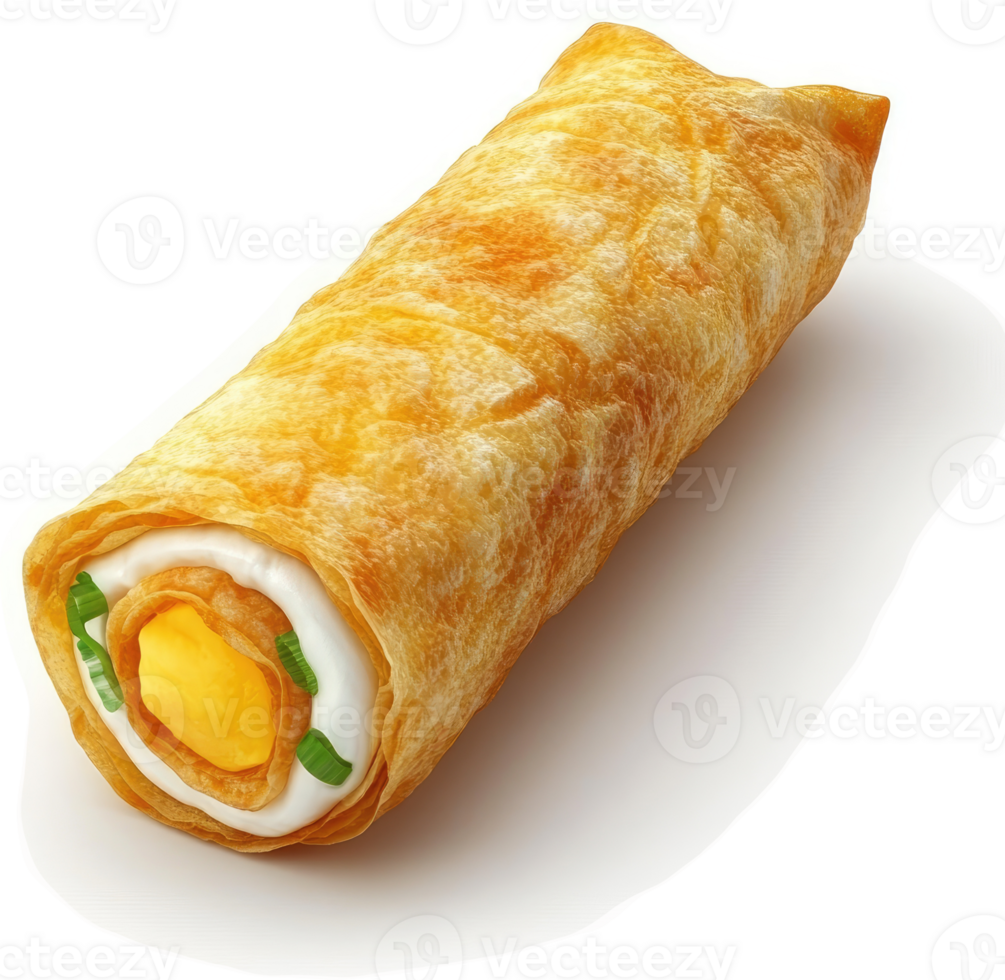Golden tortilla roll-up filled with eggs and cheese. png