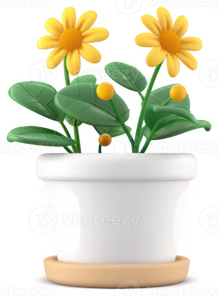Vibrant cartoon potted flowers in a white ceramic pot. png