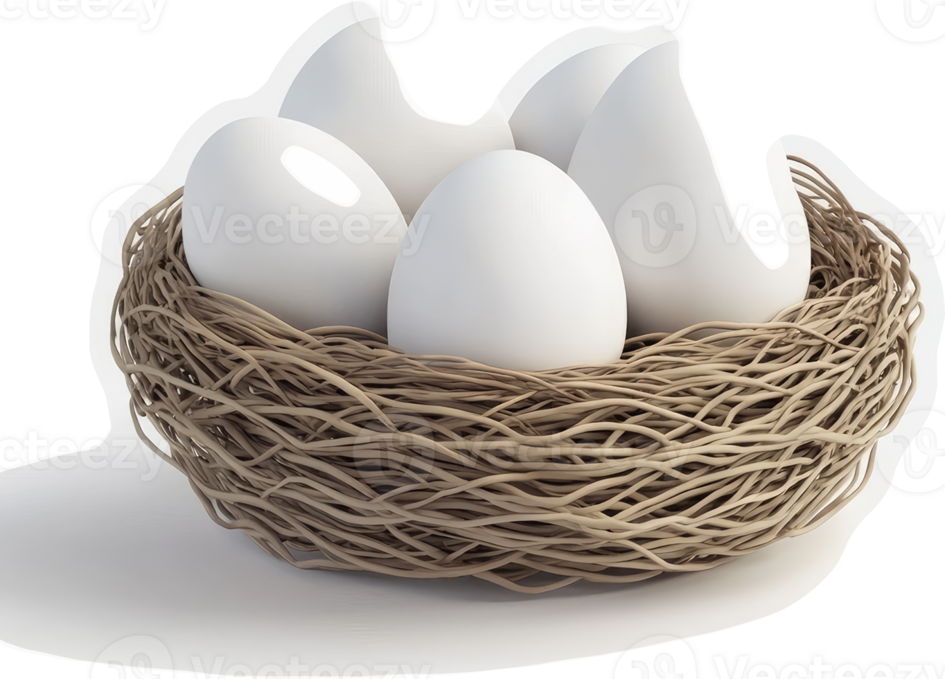 Four white eggs nestled securely in a woven bird's nest. png
