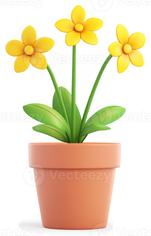 Three cheerful yellow flowers in a terracotta pot. png
