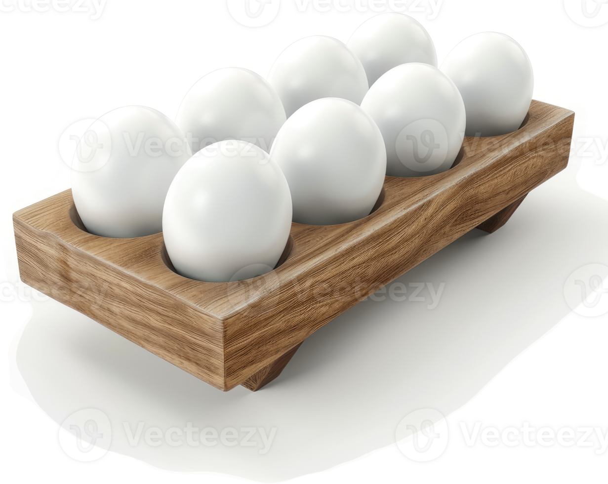 Wooden egg carton holds a dozen white eggs. png