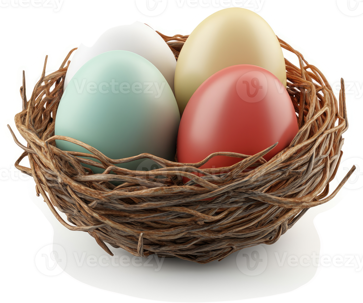 Colorful eggs nestled securely in a rustic bird's nest. png