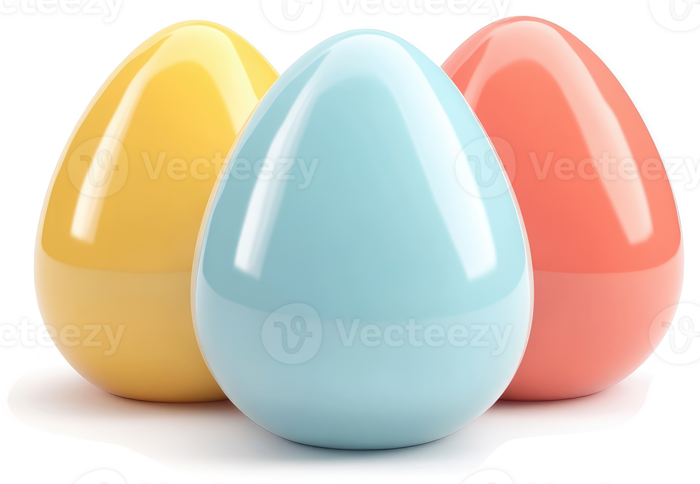 Three colorful, glossy easter eggs stand in a row. png