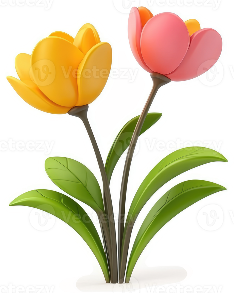 Two vibrant, stylized tulips in yellow and pink. png