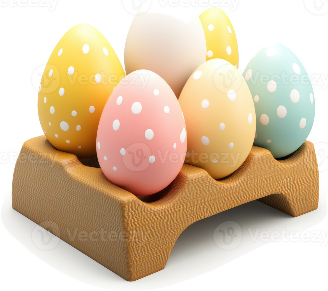 Colorful Easter eggs arranged on a wooden egg holder. png