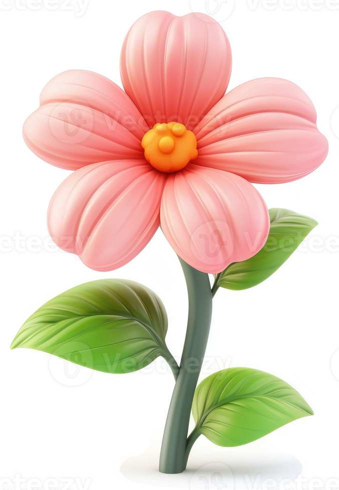 Vibrant pink flower with green leaves on a stem. png