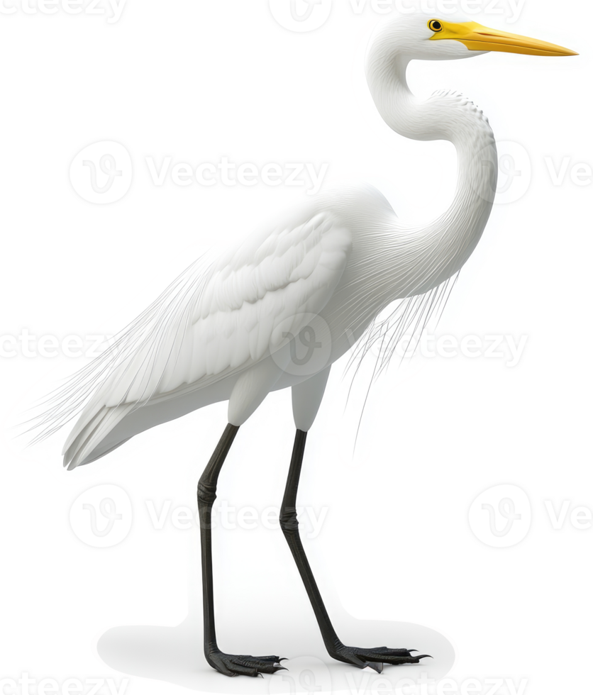 Elegant white egret stands tall against a plain background. png
