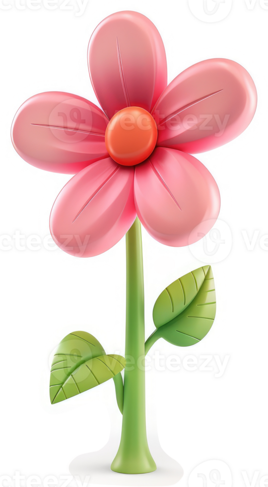 A cartoonish, three-dimensional, pink flower stands tall. png