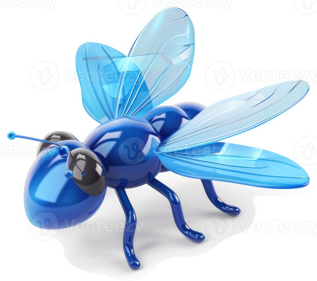 A glossy, cartoonish blue bee with translucent wings. png