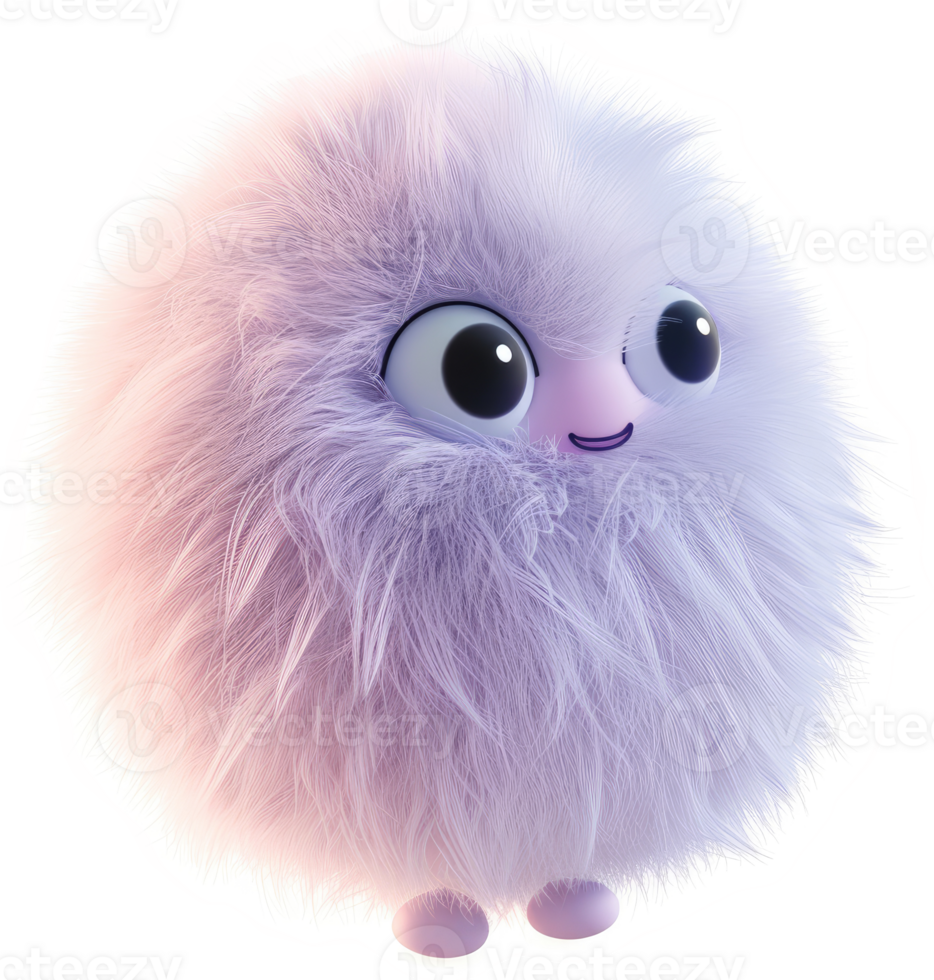 Fluffy, purple sphere character with large eyes. png