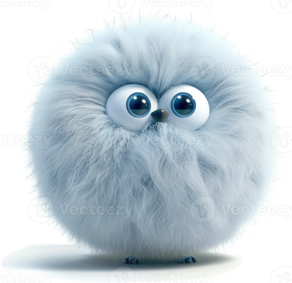 Fluffy, light-blue ball-shaped creature with large eyes. png