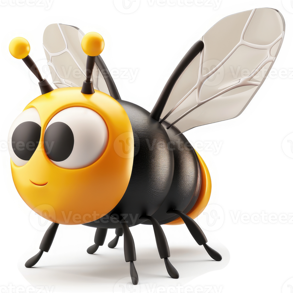 Cartoon bee with expressive eyes and large wings. png
