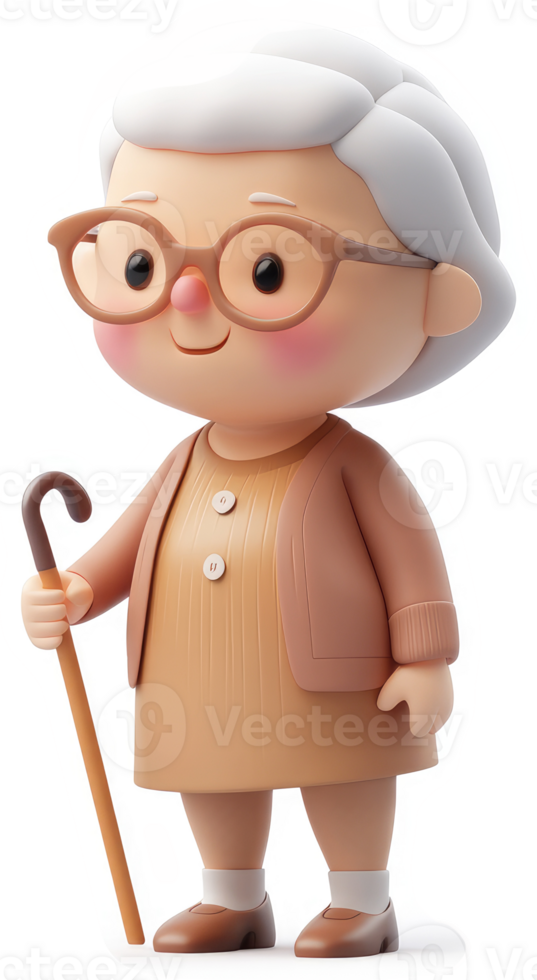 Cartoon depiction of a cheerful elderly woman with a walking cane. png